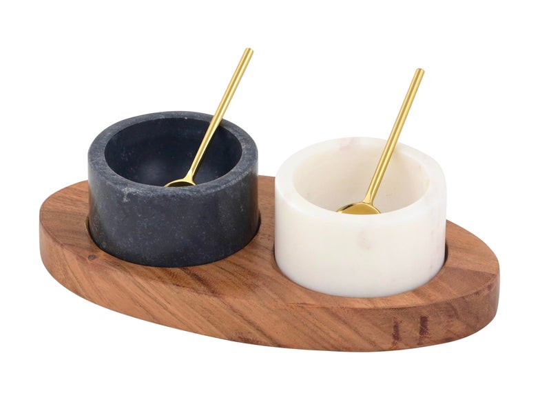 Cruiser’s Cache Cruiser’s Caché 2 Piece White and Black Marble Salt and Spice Cellar or Dipping Bowls with Wood Tray and Gold Spoons - Image 1