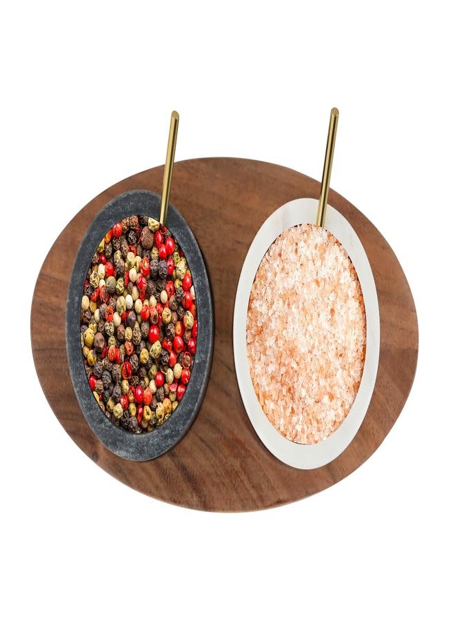 Cruiser’s Cache Cruiser’s Caché 2 Piece White and Black Marble Salt and Spice Cellar or Dipping Bowls with Wood Tray and Gold Spoons - Image 5