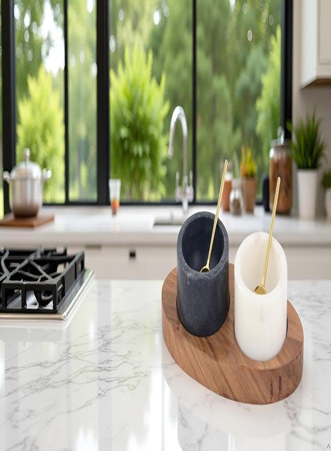 Cruiser’s Cache Cruiser’s Caché 2 Piece White and Black Marble Salt and Spice Cellar or Dipping Bowls with Wood Tray and Gold Spoons - Image 4