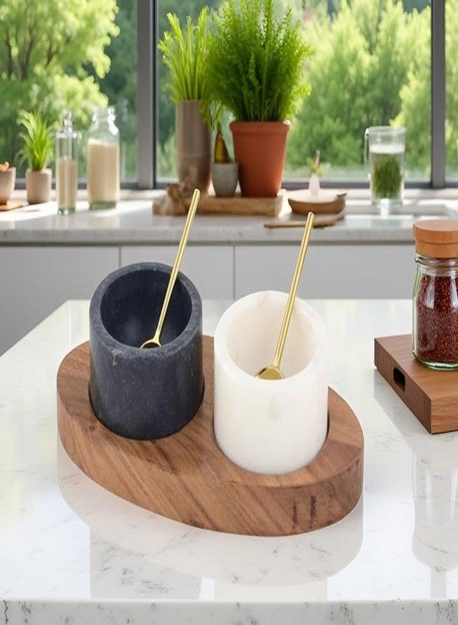Cruiser’s Cache Cruiser’s Caché 2 Piece White and Black Marble Salt and Spice Cellar or Dipping Bowls with Wood Tray and Gold Spoons - Image 2