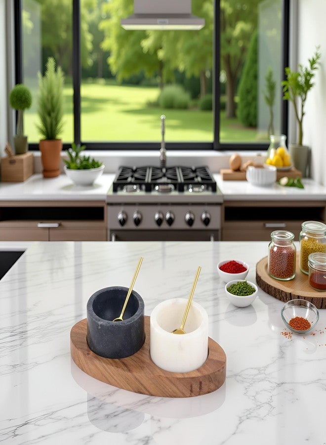 Cruiser’s Cache Cruiser’s Caché 2 Piece White and Black Marble Salt and Spice Cellar or Dipping Bowls with Wood Tray and Gold Spoons - Image 3