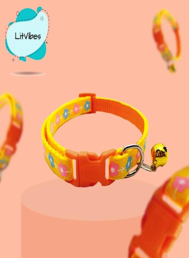 Litvibes Cat & Puppy Collar with Bell,Kitten & Small Dogs Soft Adjustable,Safe,Solid & Protective Breakaway for Cats & Puppies,Cute Kitty Neckband with Flower Print-(Yellow) - Image 4