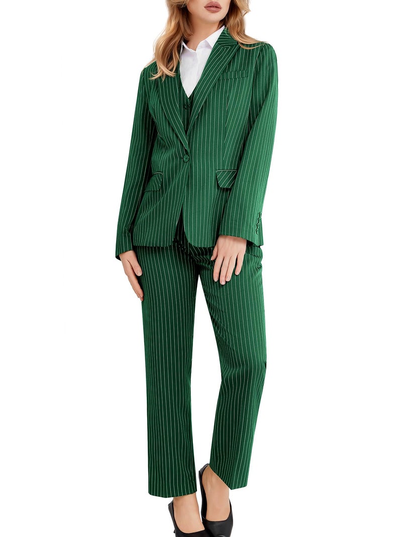 Kelyaa Women's 3 Piece Striped Suit Peak Lapel One Button Slim Fit Business Work Professional Blazer Jacket Vest Pants Set Dark Green - Image 5
