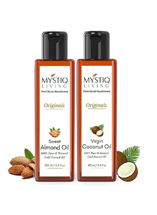 MYSTIQ LIVING - Originals Combo Sweet Almond Oil & Virgin Coconut Oil| Hair Skin & Baby Massage | Cold Pressed 100% Pure & l 200ML (Pack of 2) 100 ML Each - Image 1
