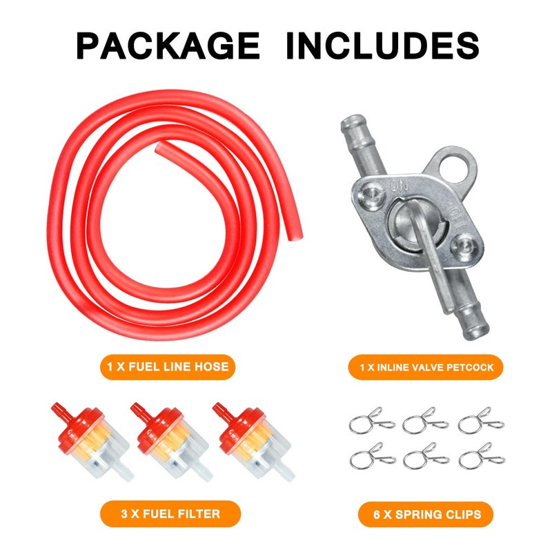 HOLATO Gas Fuel Line Hose Clamps Fuel Filters with Inline Shut Off Valve Petcock Set for 50cc 70cc 90cc 110cc 125cc 150cc Taotao Coolster Apollo Baja ATV Four Wheeler Dirt Pit Bike (RED) - Image 4
