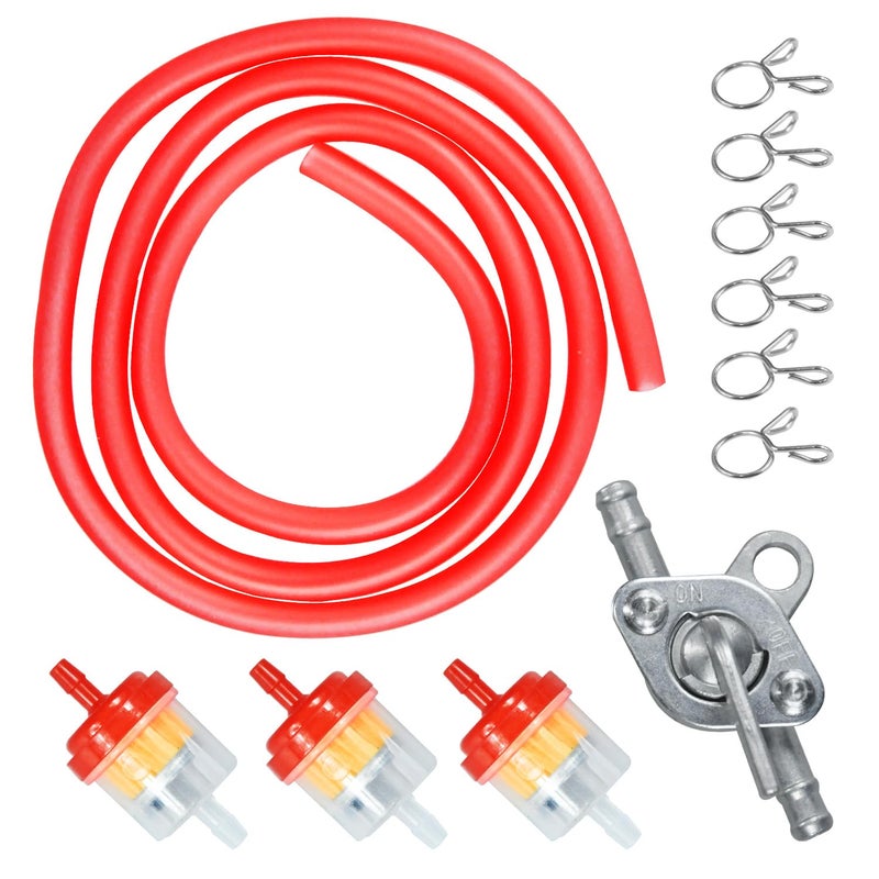 HOLATO Gas Fuel Line Hose Clamps Fuel Filters with Inline Shut Off Valve Petcock Set for 50cc 70cc 90cc 110cc 125cc 150cc Taotao Coolster Apollo Baja ATV Four Wheeler Dirt Pit Bike (RED) - Image 1