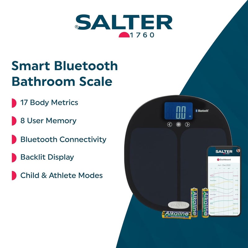 Salter Bluetooth Analyser Scale Digital Bathroom Scale Personal Body Weight Scale Measure Weight Fat Water Muscle Mass Bone Mass BMI and BMR BluetoothApp Connectivity 8User 9192 BK3R - Image 2