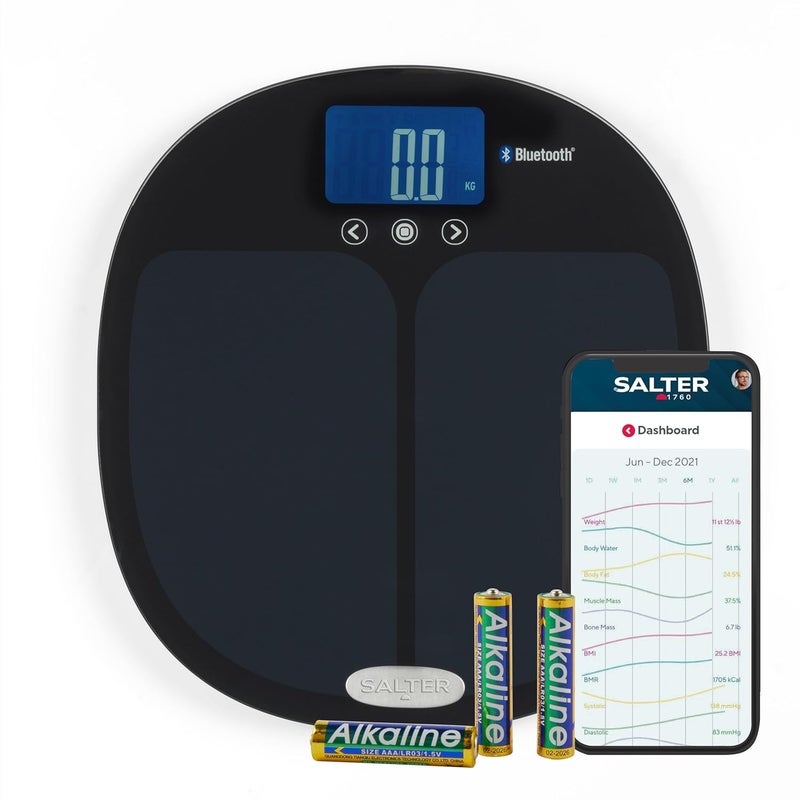 Salter Bluetooth Analyser Scale Digital Bathroom Scale Personal Body Weight Scale Measure Weight Fat Water Muscle Mass Bone Mass BMI and BMR BluetoothApp Connectivity 8User 9192 BK3R - Image 1