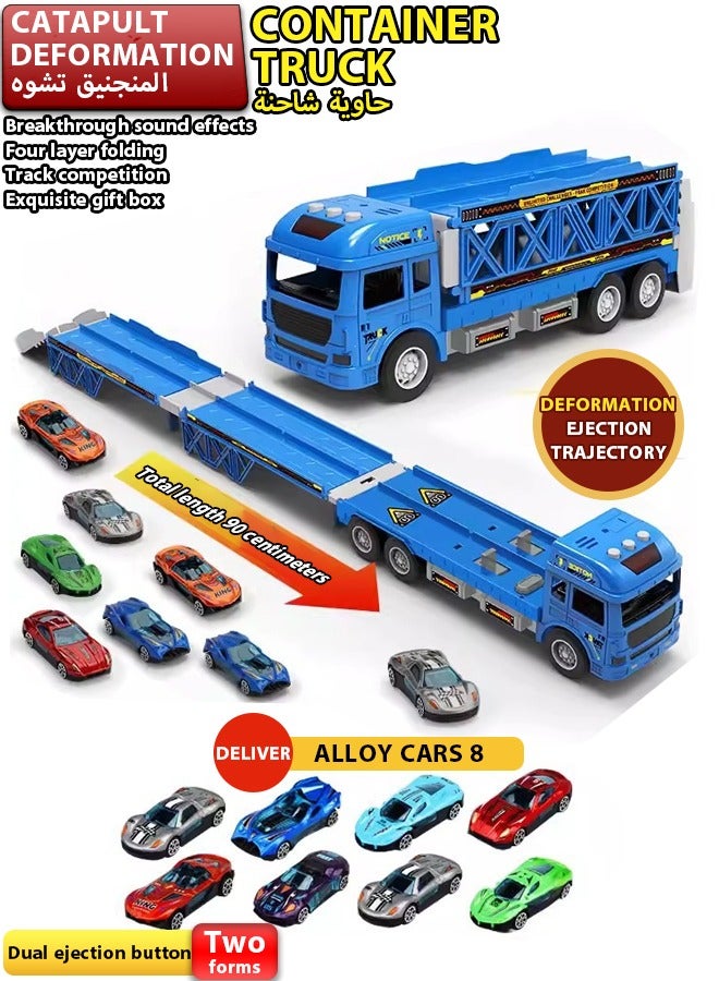 Racing track toy truck toy, sliding track catapult car parking lot Truck Toy with Slots & Foldable Race Tracks Transport Car Carrier Toy for Toddlers Cars Toy Set Container Truck Toy with 8 Alloy Cars Vehicles Toy Set for 3+ Kids ﻿  - Image 1