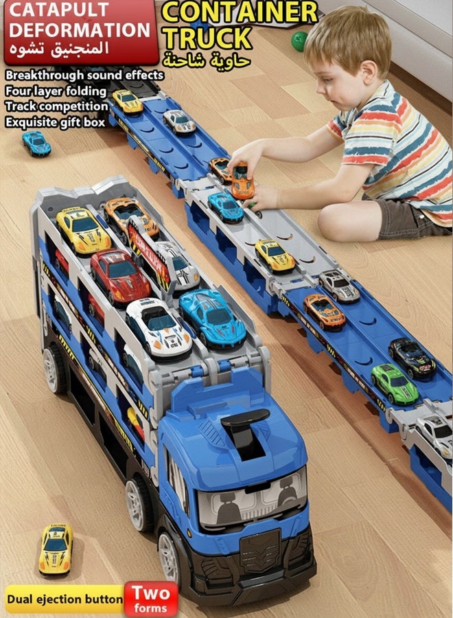 ألعاب سباق شاحنات نقل للأطفال الصغار، لعبة شاحنة سباق سيارات للأطفال مع سكة ​​انزلاقية ومنجنيق وموقف سيارات وفتحة ومسار قابل للطي، تتضمن 8 مجموعات ألعاب سيارات ومركبات مصنوعة من سبائك معدنية، ألعاب تعليمية مناسبة لمركبات النقل للأطفال الصغار، مناسبة للأولاد والبنات من سن 3 سنوات فما فوق، مجموعات ألعاب السيارات (أزرق) - Image 1