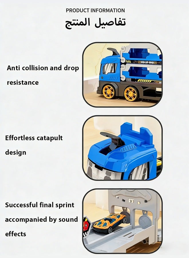 ألعاب سباق شاحنات نقل للأطفال الصغار، لعبة شاحنة سباق سيارات للأطفال مع سكة ​​انزلاقية ومنجنيق وموقف سيارات وفتحة ومسار قابل للطي، تتضمن 8 مجموعات ألعاب سيارات ومركبات مصنوعة من سبائك معدنية، ألعاب تعليمية مناسبة لمركبات النقل للأطفال الصغار، مناسبة للأولاد والبنات من سن 3 سنوات فما فوق، مجموعات ألعاب السيارات (أزرق) - Image 4