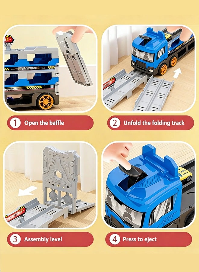 ألعاب سباق شاحنات نقل للأطفال الصغار، لعبة شاحنة سباق سيارات للأطفال مع سكة ​​انزلاقية ومنجنيق وموقف سيارات وفتحة ومسار قابل للطي، تتضمن 8 مجموعات ألعاب سيارات ومركبات مصنوعة من سبائك معدنية، ألعاب تعليمية مناسبة لمركبات النقل للأطفال الصغار، مناسبة للأولاد والبنات من سن 3 سنوات فما فوق، مجموعات ألعاب السيارات (أزرق) - Image 5
