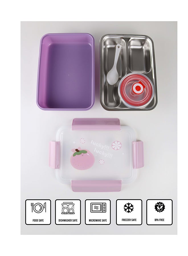 Toshionics Stainless Steel Lunch Box – 1.2L – with 3 Compartments, Spoon, Cup, Microwave Safe, Leakproof Lid, BPA Free, Freezer & Dishwasher Safe – Fruit Cartoon Print – Ideal for School, Office, Travel – 21 x 15 x 5 cm - Image 1