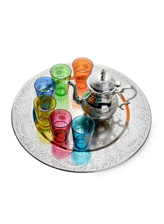 Cuisine Art Authentic Moroccan Tea Set – 8-Piece Luxury Silver-Plated Mint Tea Service – Includes Hand-Engraved Teapot (800ml), 6 Decorative Ornate Glasses, and 32cm Traditional Carved Tray – Ideal for Ramadan, Eid & Majlis Decor