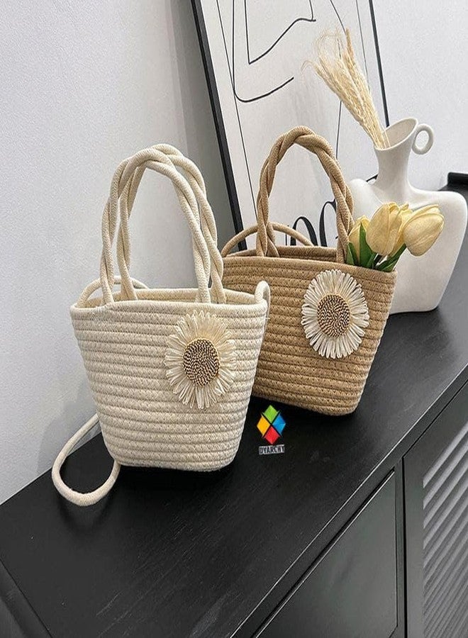 DYARCHY Decorative Woven Straw Basket with Twisted Handles, Daisy Flower Design (BEIGE) - Image 4