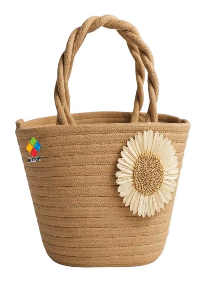DYARCHY Decorative Woven Straw Basket with Twisted Handles, Daisy Flower Design (BEIGE) - Image 1