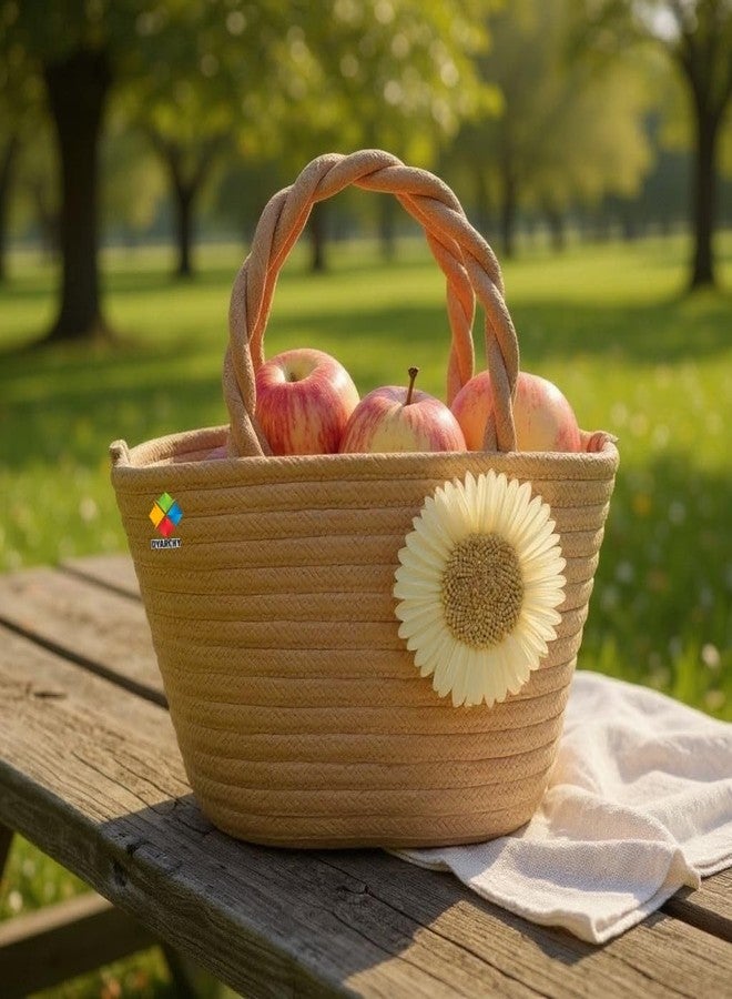 DYARCHY Decorative Woven Straw Basket with Twisted Handles, Daisy Flower Design (BEIGE) - Image 3