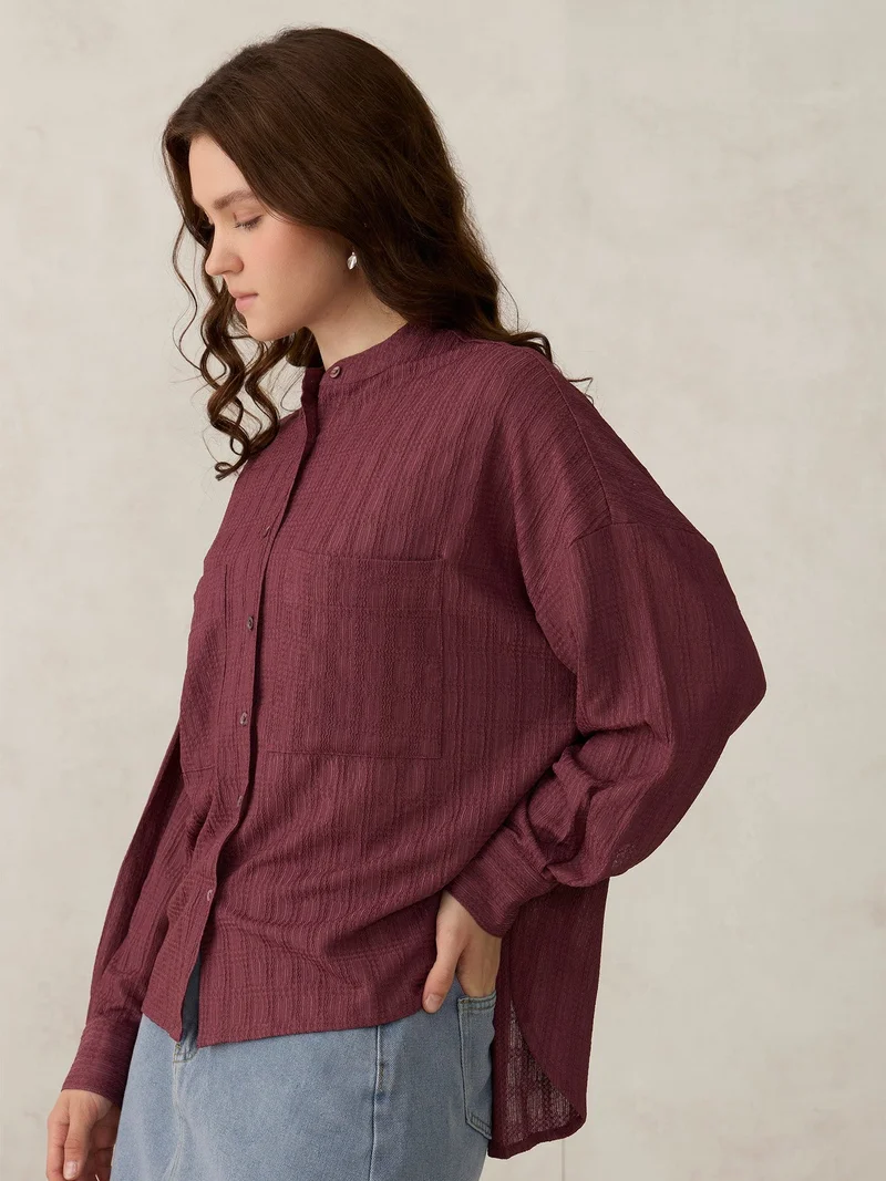 Outzidr  Dark Pink Textured Solid Shirt for Women | Best Price UAE
