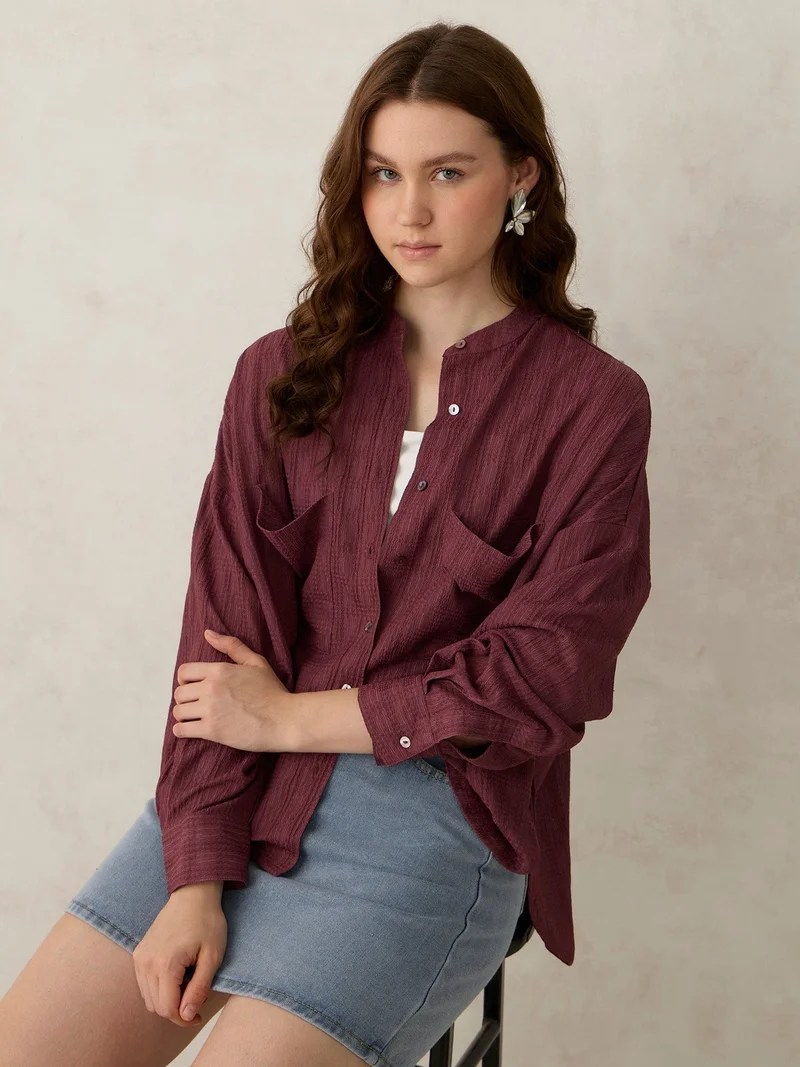 Outzidr  Dark Pink Textured Solid Shirt for Women | Best Price UAE