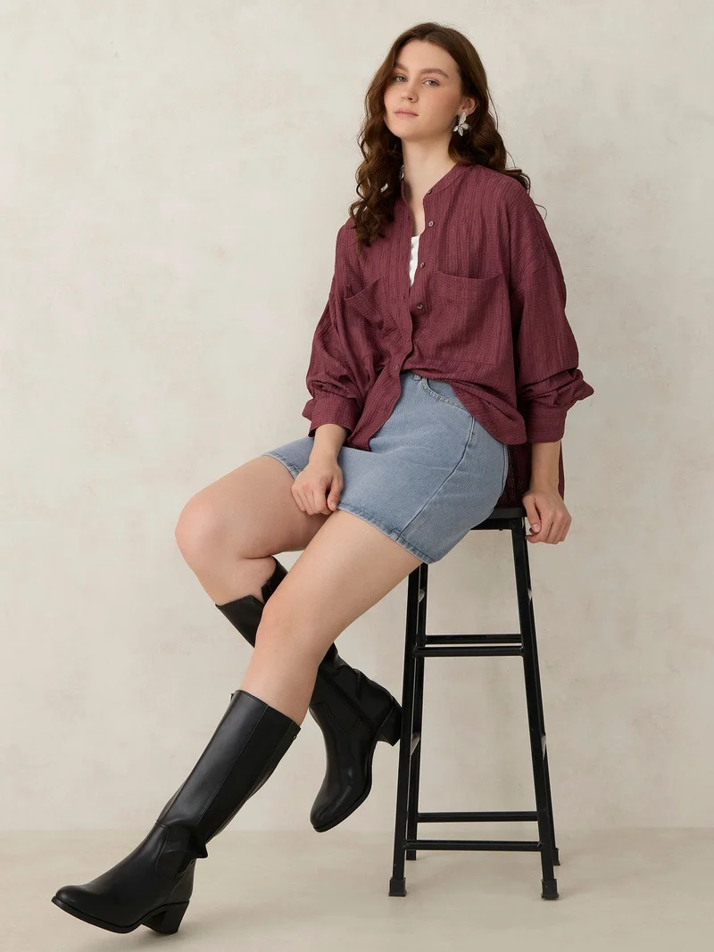 Outzidr  Dark Pink Textured Solid Shirt for Women | Best Price UAE