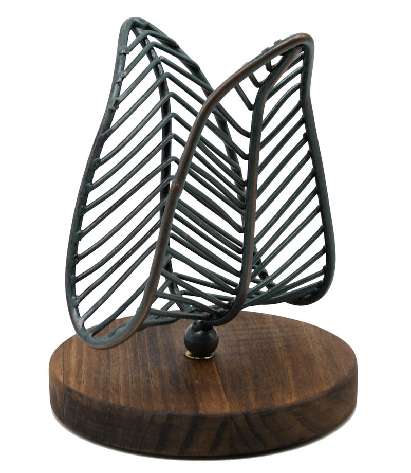 OwlGift Freestanding Modern Napkin Holder wGolden Turquoise Wrought Iron Leaf Brown Wooden Base Design Tabletop Tissue Dispenser Napkin Storage Organizer