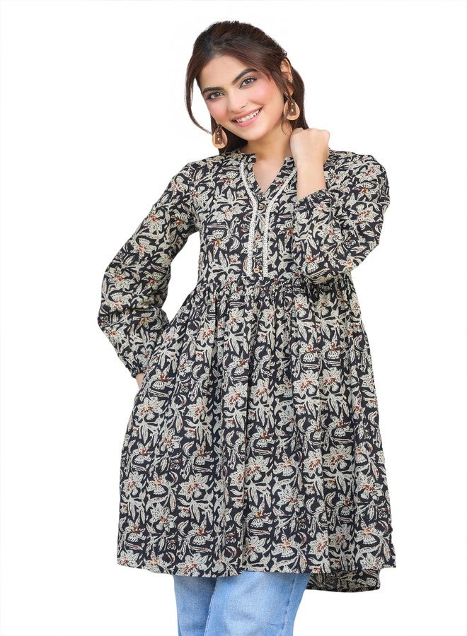 Janasya Women's Black Pure Cotton Floral Print Flared Tunic (JNE4098-TU-RE-M) - Image 1