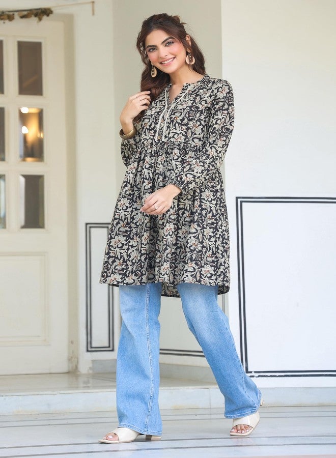 Janasya Women's Black Pure Cotton Floral Print Flared Tunic (JNE4098-TU-RE-M) - Image 3