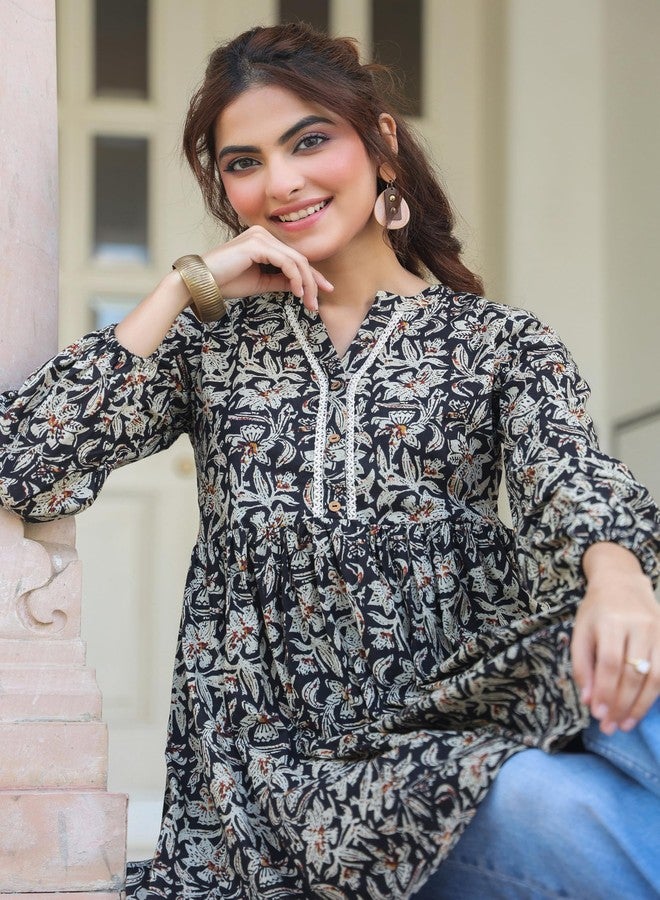 Janasya Women's Black Pure Cotton Floral Print Flared Tunic (JNE4098-TU-RE-M) - Image 2