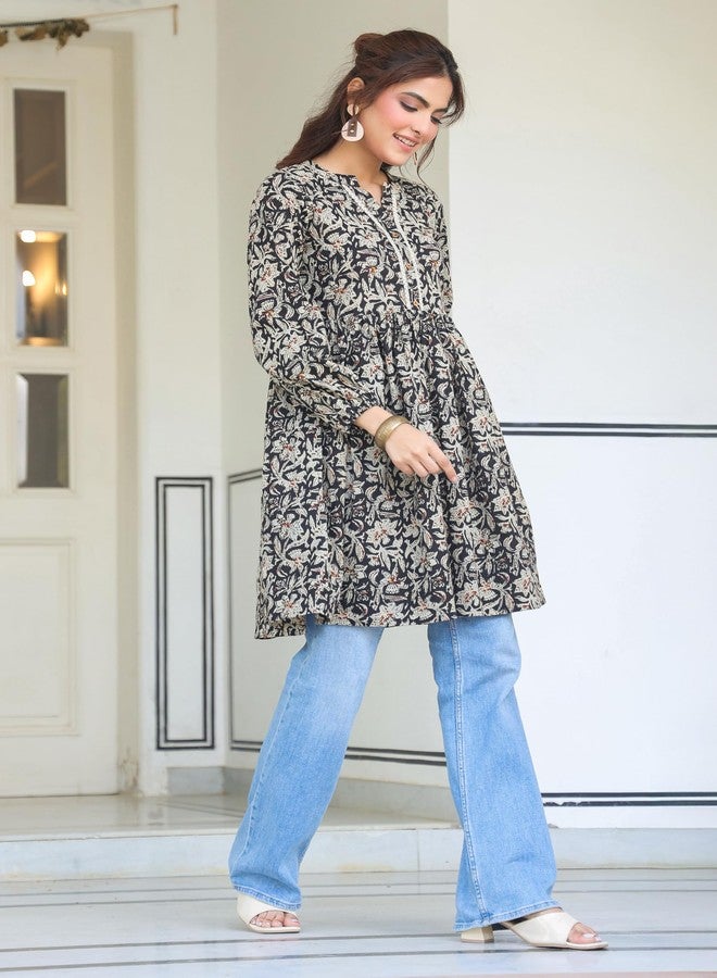 Janasya Women's Black Pure Cotton Floral Print Flared Tunic (JNE4098-TU-RE-M) - Image 5