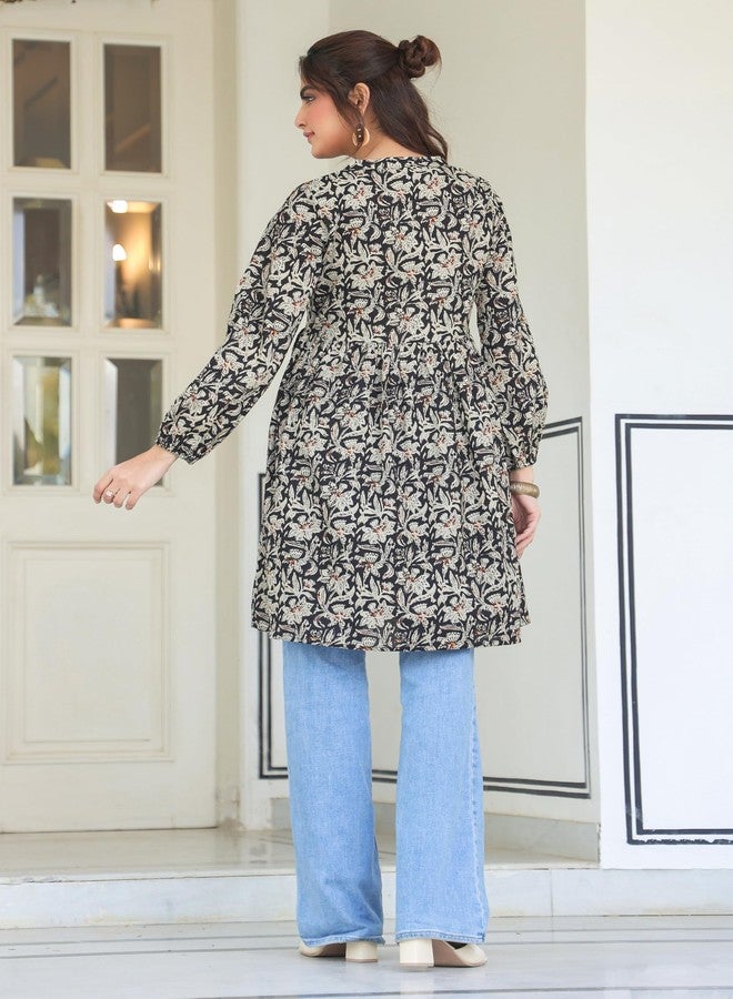 Janasya Women's Black Pure Cotton Floral Print Flared Tunic (JNE4098-TU-RE-M) - Image 4