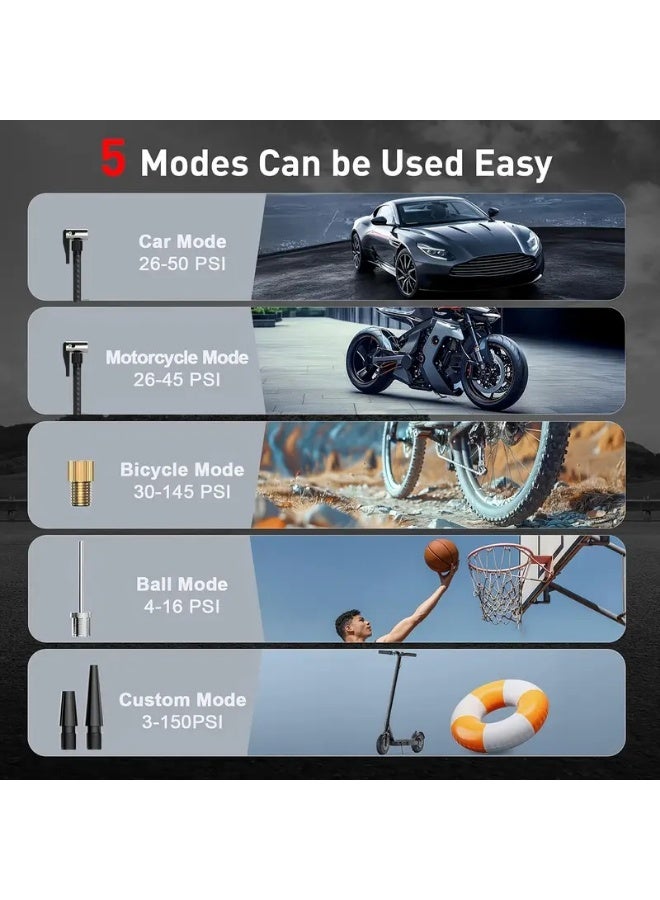مضخة هواء محمولة لتضخيم الإطارات - مضخة هواء سريعة 3X 150 PSI لإطارات السيارات - مضخة هواء لاسلكية لإطارات السيارات مزودة بمقياس ضغط وضوء LED - مضخة هواء كهربائية مزودة بخاصية الإيقاف التلقائي للسيارات والدراجات النارية والدراجات الهوائية والكرات - Image 5