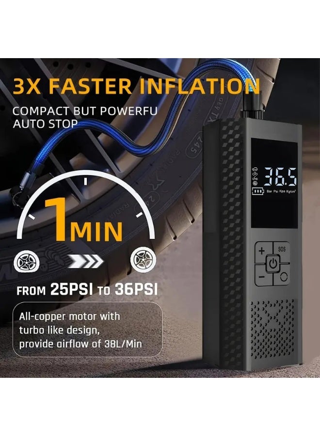 مضخة هواء محمولة لتضخيم الإطارات - مضخة هواء سريعة 3X 150 PSI لإطارات السيارات - مضخة هواء لاسلكية لإطارات السيارات مزودة بمقياس ضغط وضوء LED - مضخة هواء كهربائية مزودة بخاصية الإيقاف التلقائي للسيارات والدراجات النارية والدراجات الهوائية والكرات - Image 2