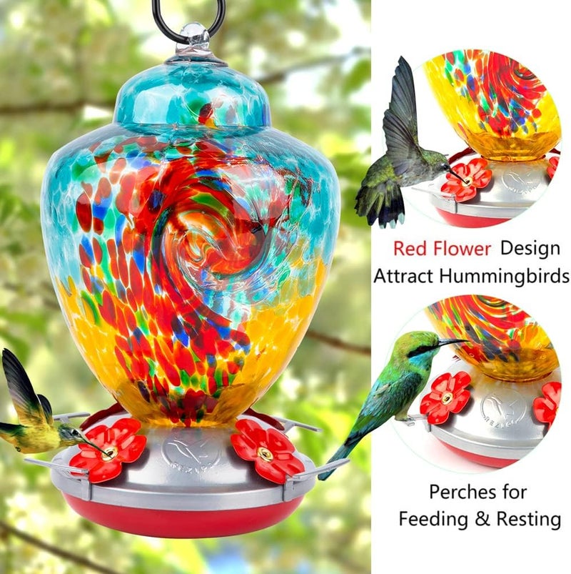 REZIPO Hummingbird Feeder with Perch - Hand Blown Glass - 38 Fluid Ounces Hummingbird Nectar Capacity Include Hanging Wires and Moat Hook (Half Green) - Image 2