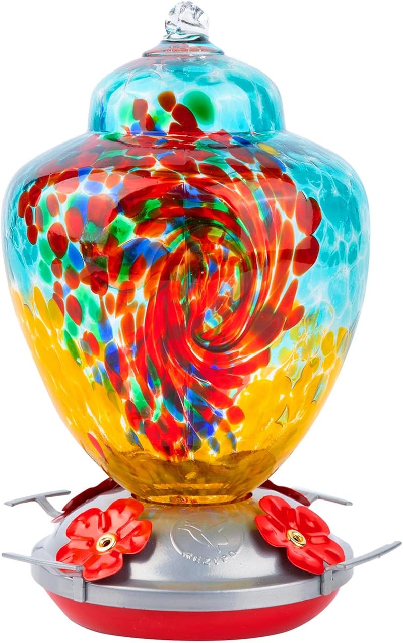 REZIPO Hummingbird Feeder with Perch - Hand Blown Glass - 38 Fluid Ounces Hummingbird Nectar Capacity Include Hanging Wires and Moat Hook (Half Green) - Image 1