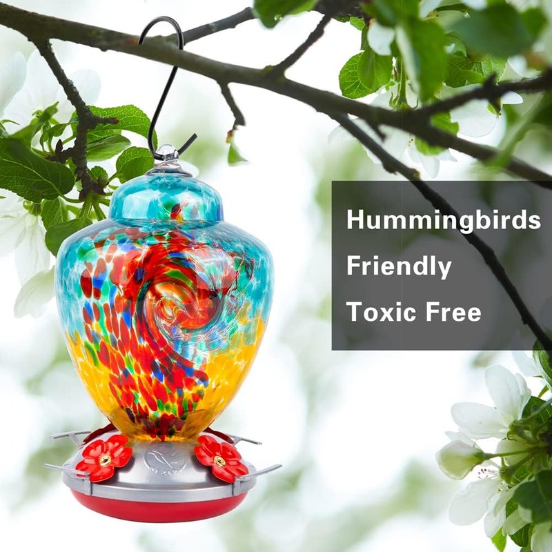 REZIPO Hummingbird Feeder with Perch - Hand Blown Glass - 38 Fluid Ounces Hummingbird Nectar Capacity Include Hanging Wires and Moat Hook (Half Green) - Image 4