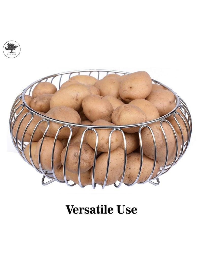sulfar Fruit Dish Round Fruit Basket SS Wire Vegetable Bowl Creative Stylish Candy Dish for Living Room, Kitchen, Pantry, Office (Silver) Pack of 1  - Image 4