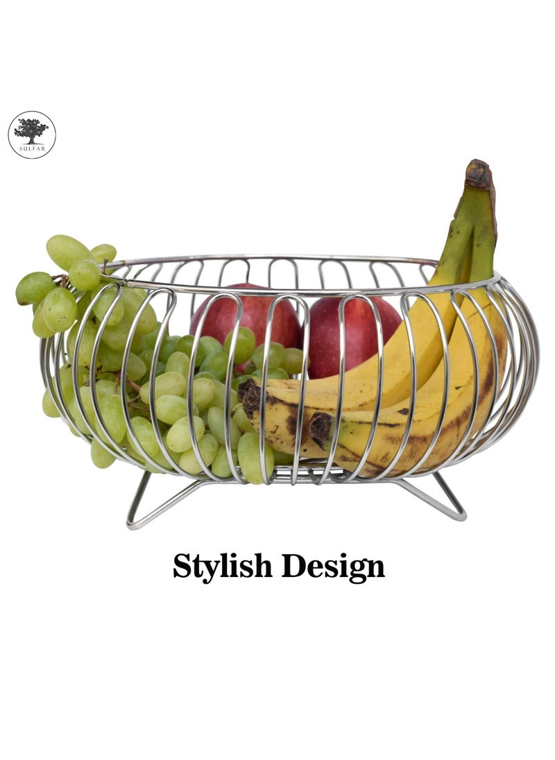 sulfar Fruit Dish Round Fruit Basket SS Wire Vegetable Bowl Creative Stylish Candy Dish for Living Room, Kitchen, Pantry, Office (Silver) Pack of 1  - Image 3