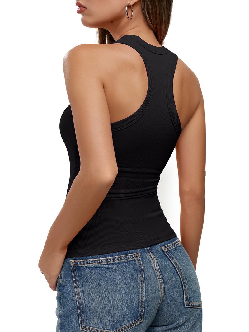 REORIA Built in Bra Tank Tops for Women Summer Sleeveless Racerback Square Neck Casual Basic Ribbed Tops 2026 Trendy Shirt Black Large - Image 4