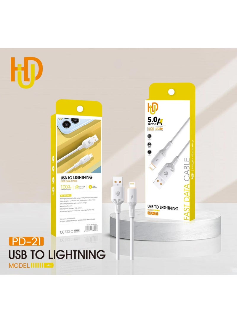 USB to Lightning PD-21 Fast Charging Cable 5.0A, 1000mm Durable High-Speed Data Transfer & Charging Cable for iPhone, iPad, and Apple Devices - Model PD-21