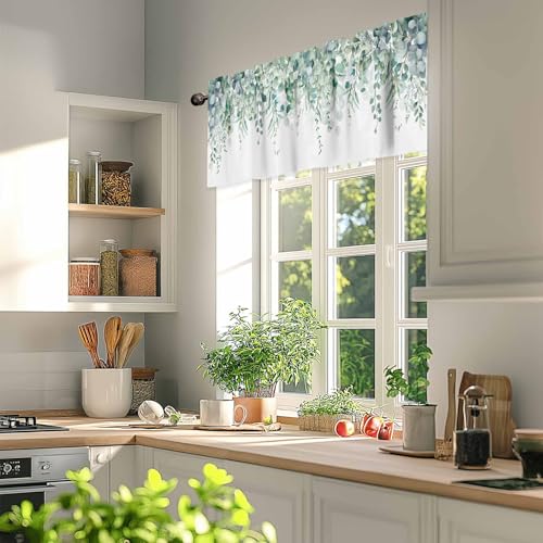 TweetyBed Sage Green Eucalyptus Curtain Valance for Windows Rod Pocket Valance Window Treatments 1 Panel Watercolor Leaves Short Curtains for Kitchen Windows Bathroom Bedroom 42x12in - Image 3