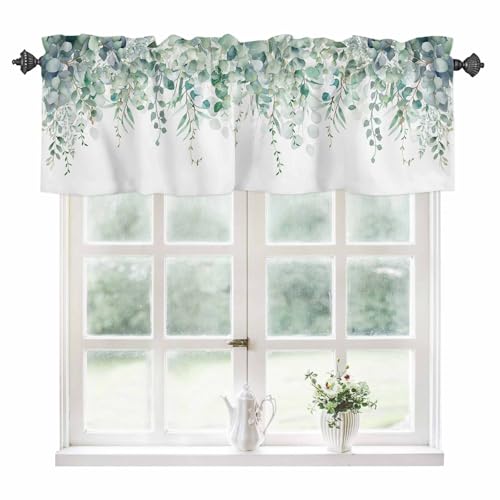 TweetyBed Sage Green Eucalyptus Curtain Valance for Windows Rod Pocket Valance Window Treatments 1 Panel Watercolor Leaves Short Curtains for Kitchen Windows Bathroom Bedroom 42x12in - Image 1