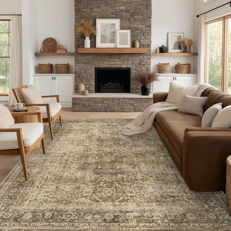 FMFUNCTEX 8x10 Washable Area Rug Brown Vintage Neutral Distressed Large Non Slip Carpet for Living Room Bedroom Soft Low Pile Indoor Mat Retro Floral Throw Rug for Dining Room Kitchen Office Nursery - Image 1