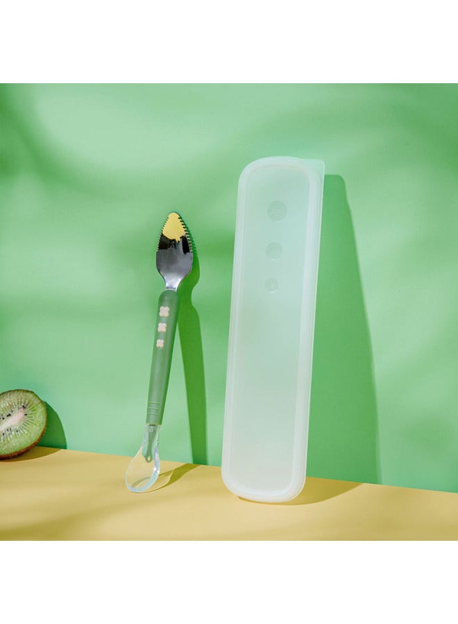 Baby Fruit Scraping Spoon Storage Box Set Baby Food Supplement Double-head Dual-purpose Fruit Spoon 304 Stainless Steel-Color:Light Green + Storage Box - Image 1