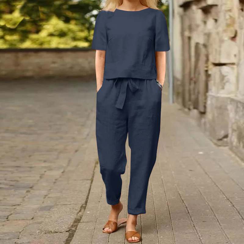 Cotton Linen Summer Two-Piece Set Dark blue is used to produce large quantities of goods 