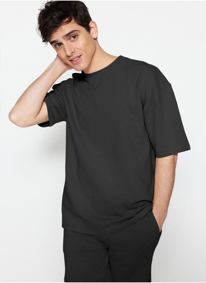 trendyol Limited Edition Anthracite Oversize/Wide Cut Label Embroidered Textured Full T-shirt  - Image 1