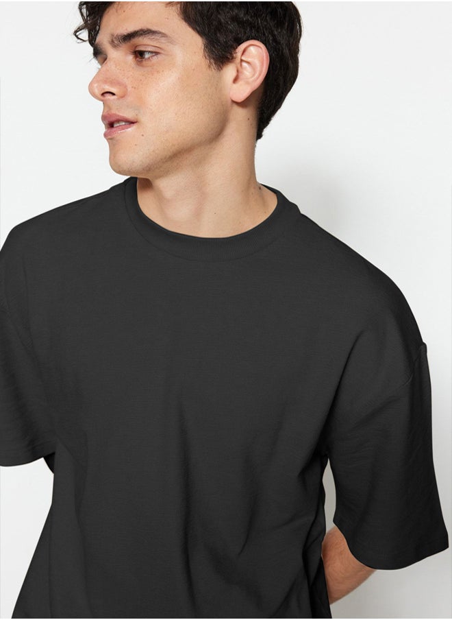 trendyol Limited Edition Anthracite Oversize/Wide Cut Label Embroidered Textured Full T-shirt  - Image 4