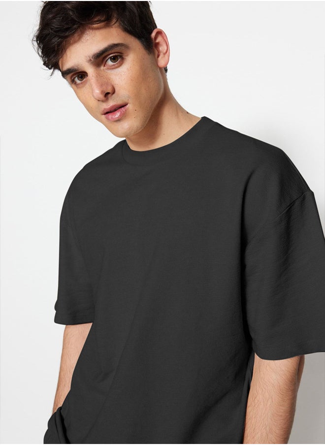 trendyol Limited Edition Anthracite Oversize/Wide Cut Label Embroidered Textured Full T-shirt  - Image 3