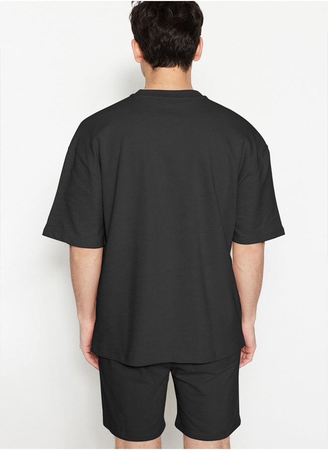trendyol Limited Edition Anthracite Oversize/Wide Cut Label Embroidered Textured Full T-shirt  - Image 2
