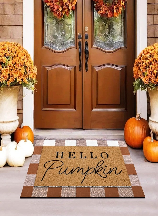 Tinideya 2 Pcs Fall Door Mat Hello Pumpkin Welcome Non Slip Coir Mats Thanksgiving Black White Plaid Harvest Floor Layering Doormats Seasonal for Front Porch Entryway Decor(Brown White Plaid) - Image 2