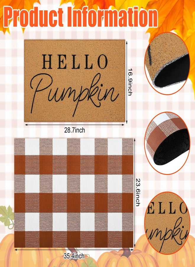 Tinideya 2 Pcs Fall Door Mat Hello Pumpkin Welcome Non Slip Coir Mats Thanksgiving Black White Plaid Harvest Floor Layering Doormats Seasonal for Front Porch Entryway Decor(Brown White Plaid) - Image 3